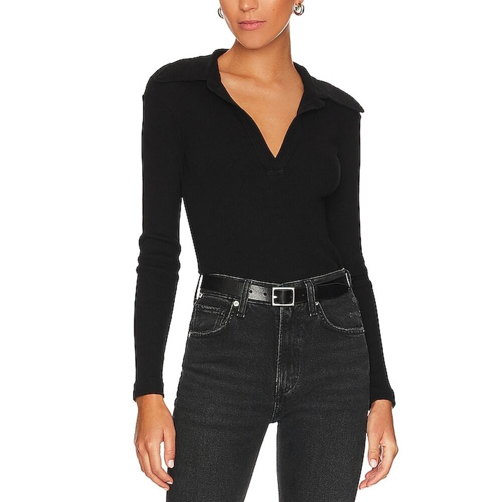 Citizens Of Humanity Ribbed Black Alba Polo Top Size M